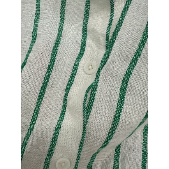 Scoop Button Down Shirt Women Medium Green Striped Linen Rayon Collar Tunic - Picture 8 of 9
